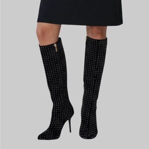 Elegant Black Studded Knee-High Boots size 7 rhinestones Stiletto